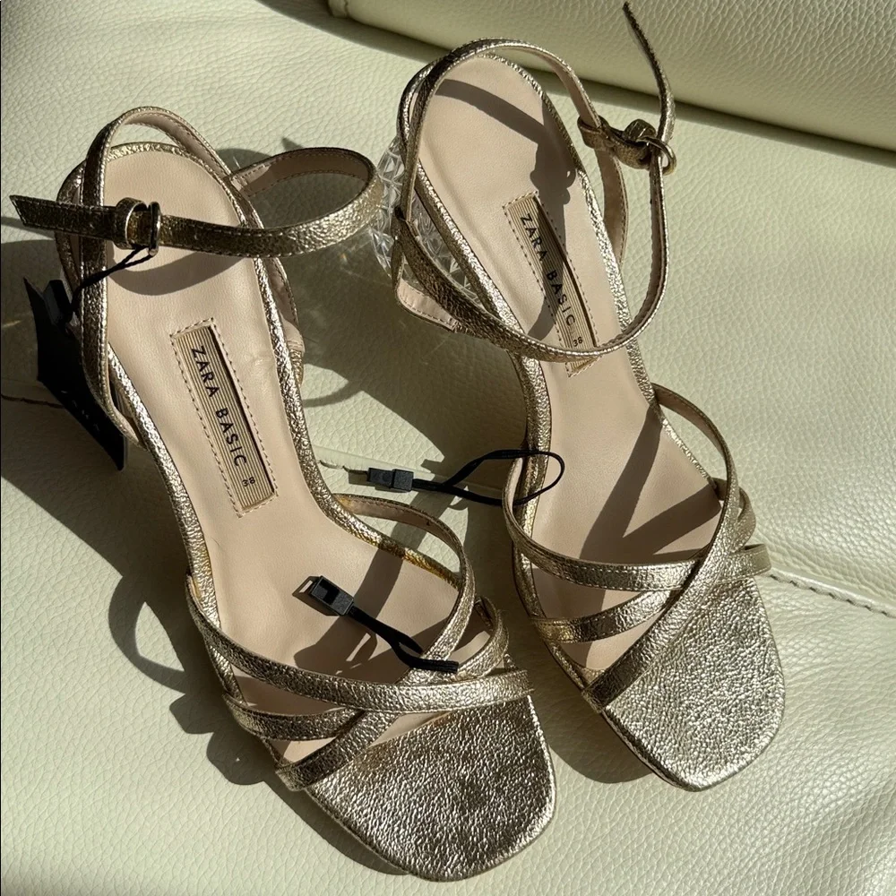 Zara‎ Gold Strappy Heels With Crystal Block